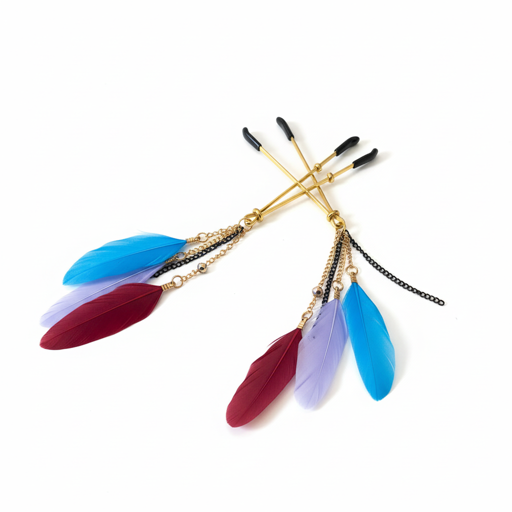 Veren tepelhangers met blauwe, lila en bordeaux veren