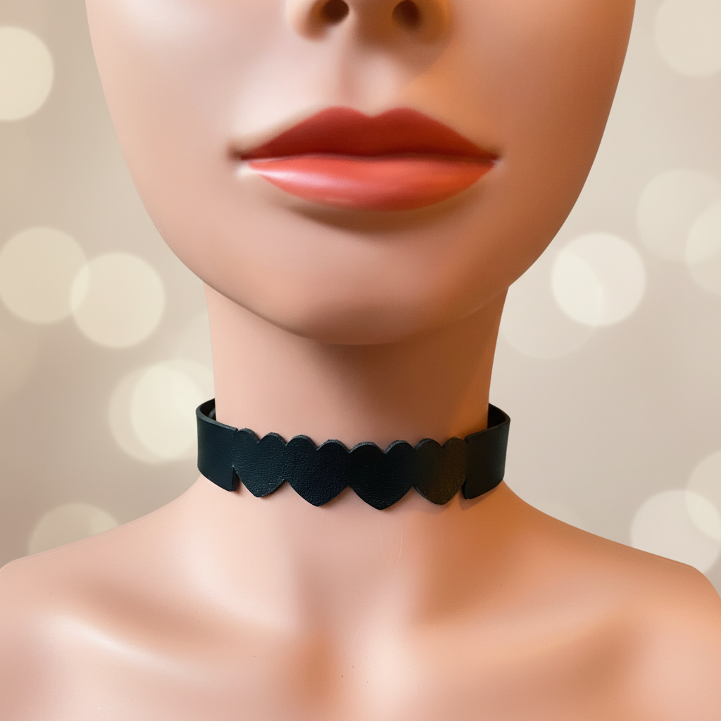 Zwarte choker met hartjes patroon - op mannequin