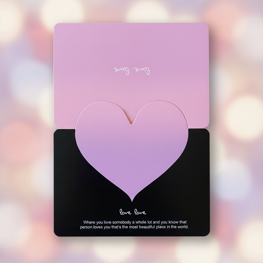 Love Card voorkant met paars-roze gradient en love quote