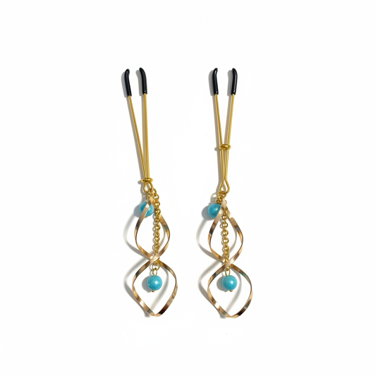 Spiraal tepelhangers goud met turquoise parels