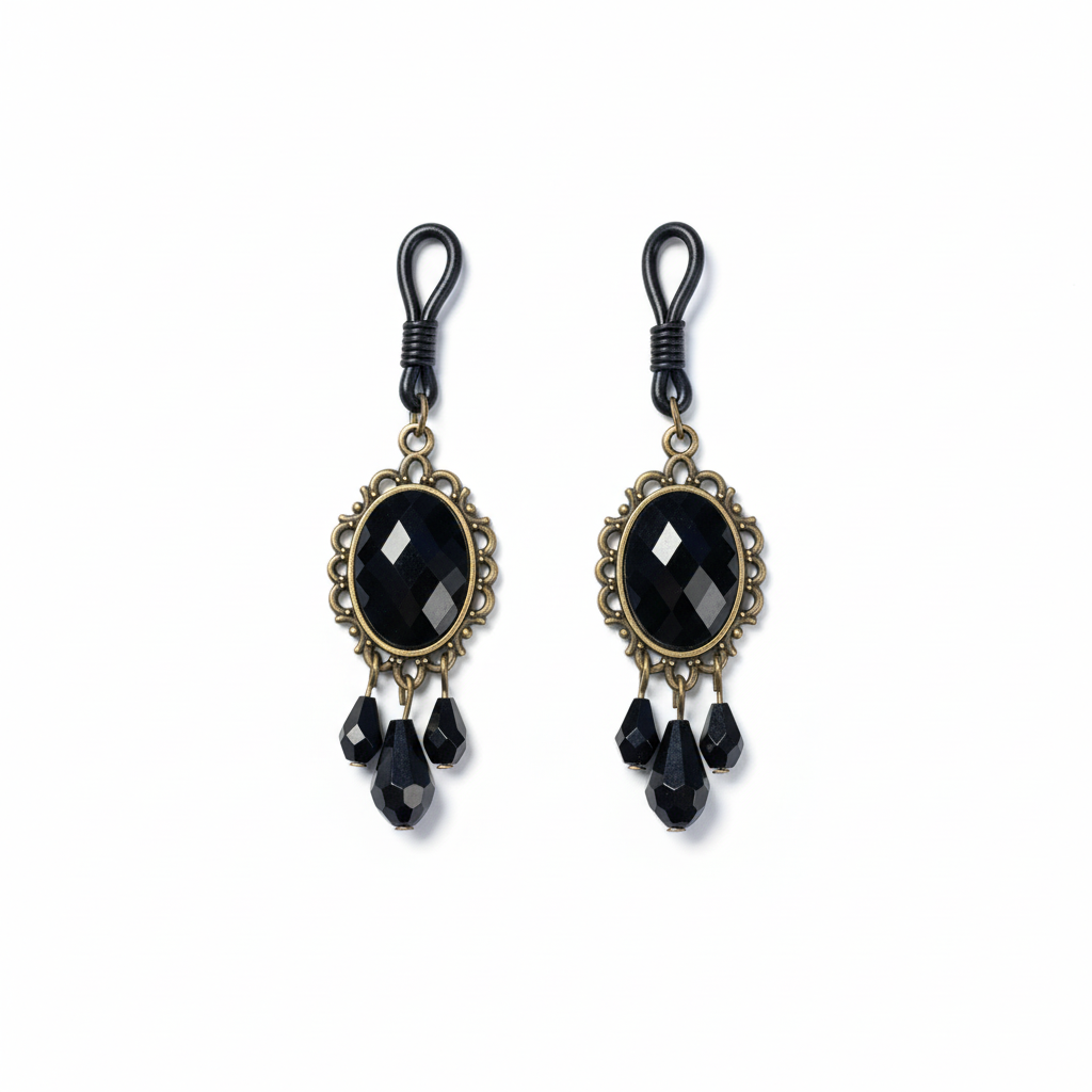 Zwarte tepelhangers met vintage gouden frames en kristallen - josujo