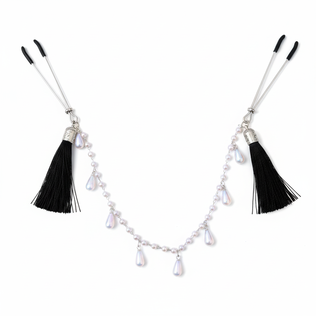 Tassel tepelklemmen met fake parelsnoer en opalescente parels