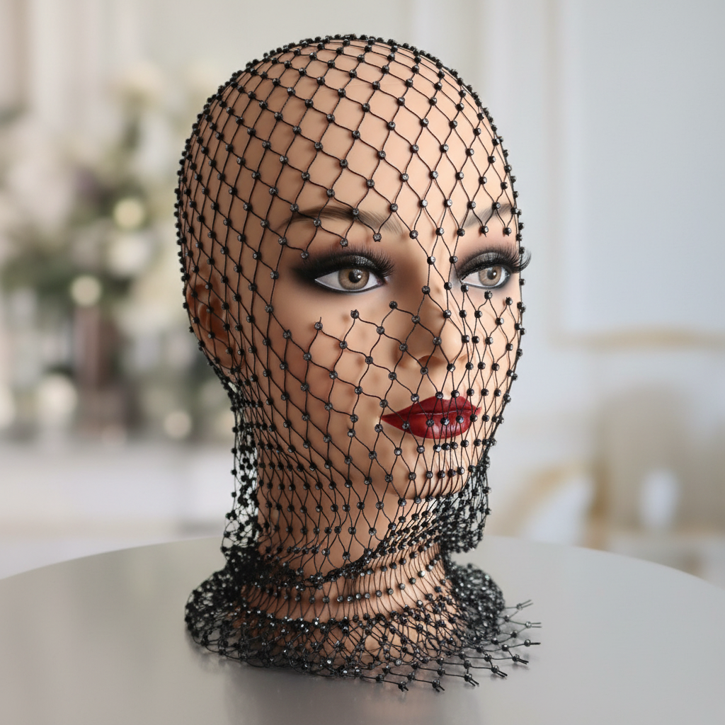 Zwart netje hoofdmasker met strass steentjes - sensuele uitstraling