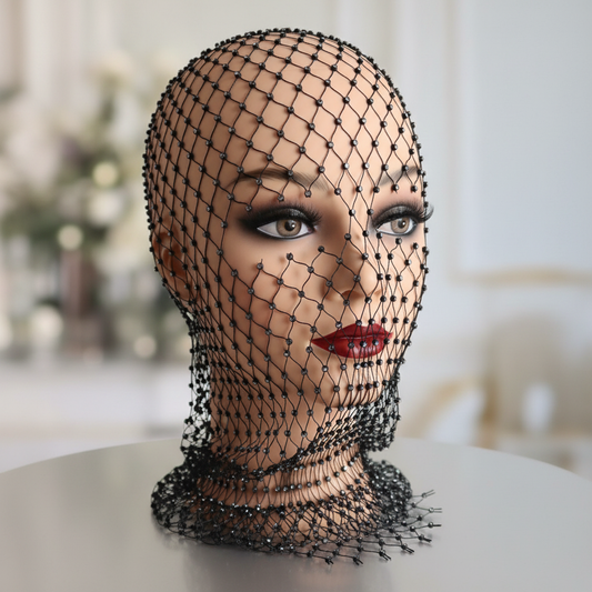 Zwart netje hoofdmasker met strass steentjes - sensuele uitstraling