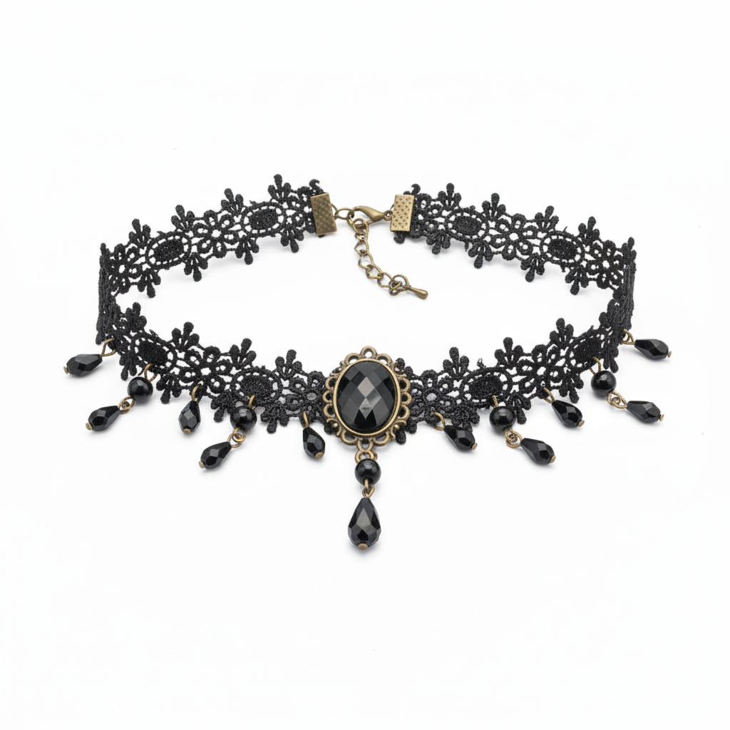 Victorian zwarte kanten choker met kristallen druppels - josujo