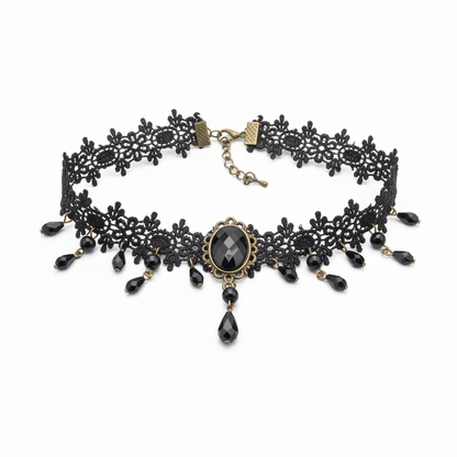 Victorian zwarte kanten choker met kristallen druppels - josujo