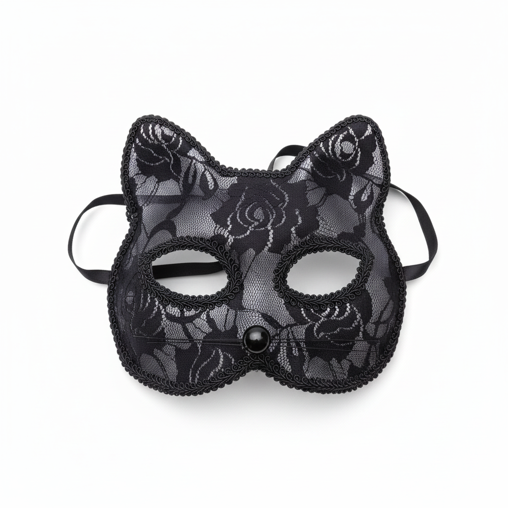 Zwart kanten kattenmasker met kattenoortjes en kristallen hartje