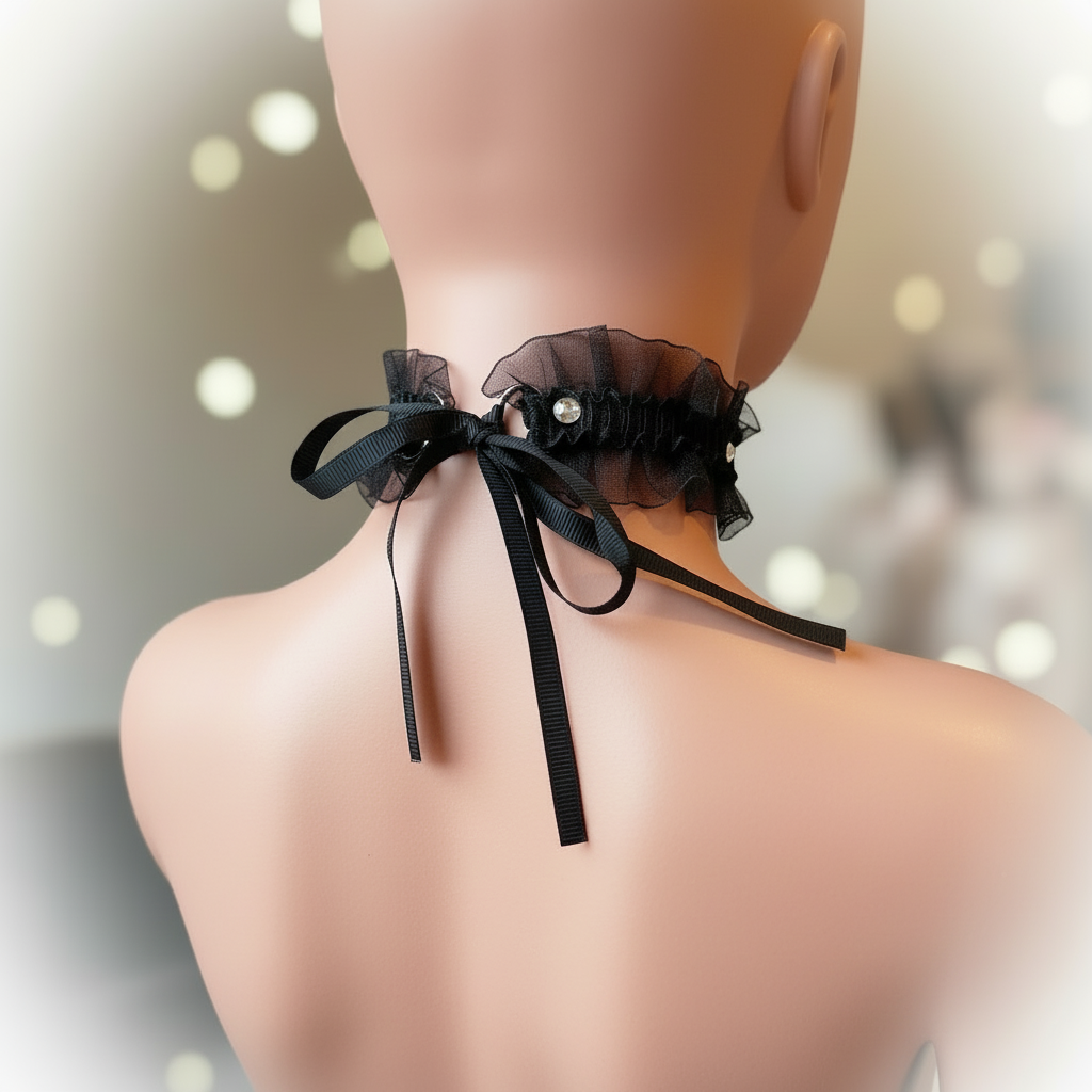 Zwarte kanten choker met belletje - achterkant natuurlijke uitstraling