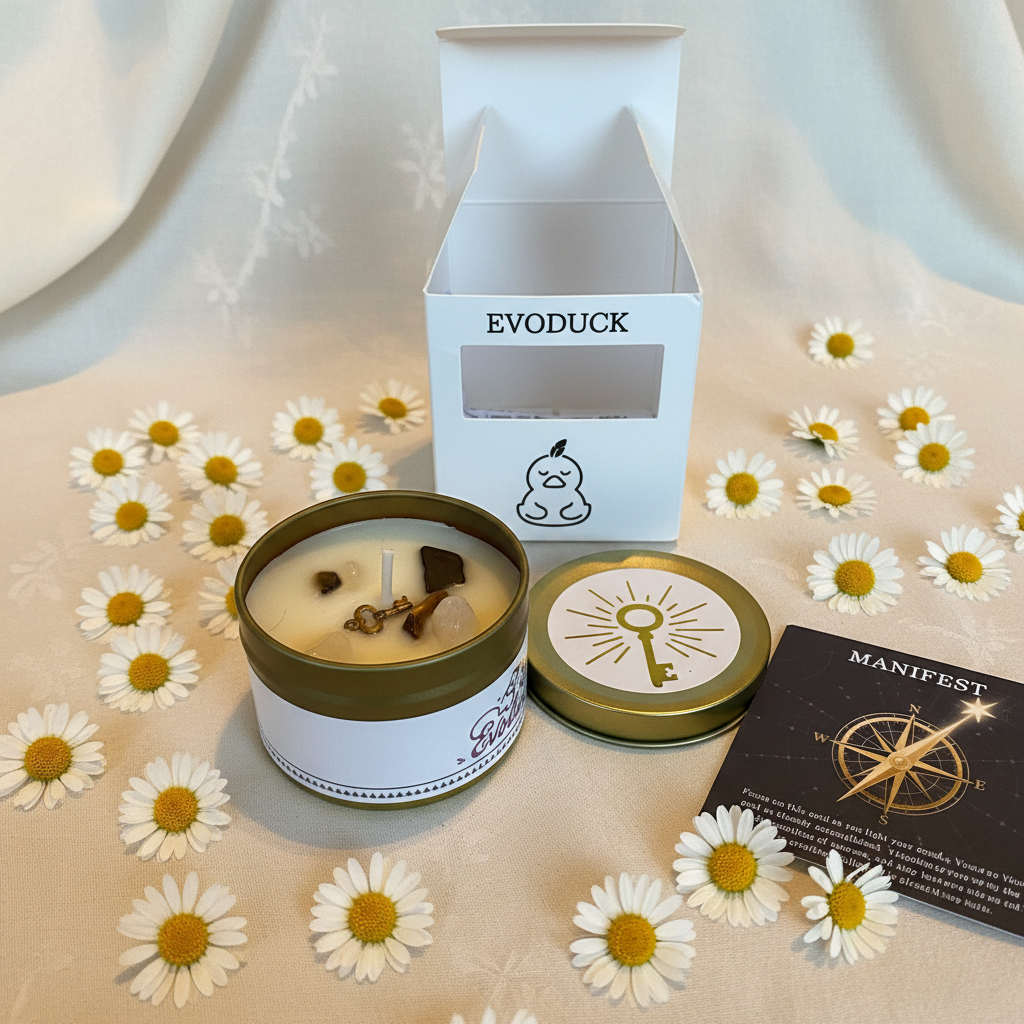 EVODUCK Manifestation kaars geopend met kristallen en kaart