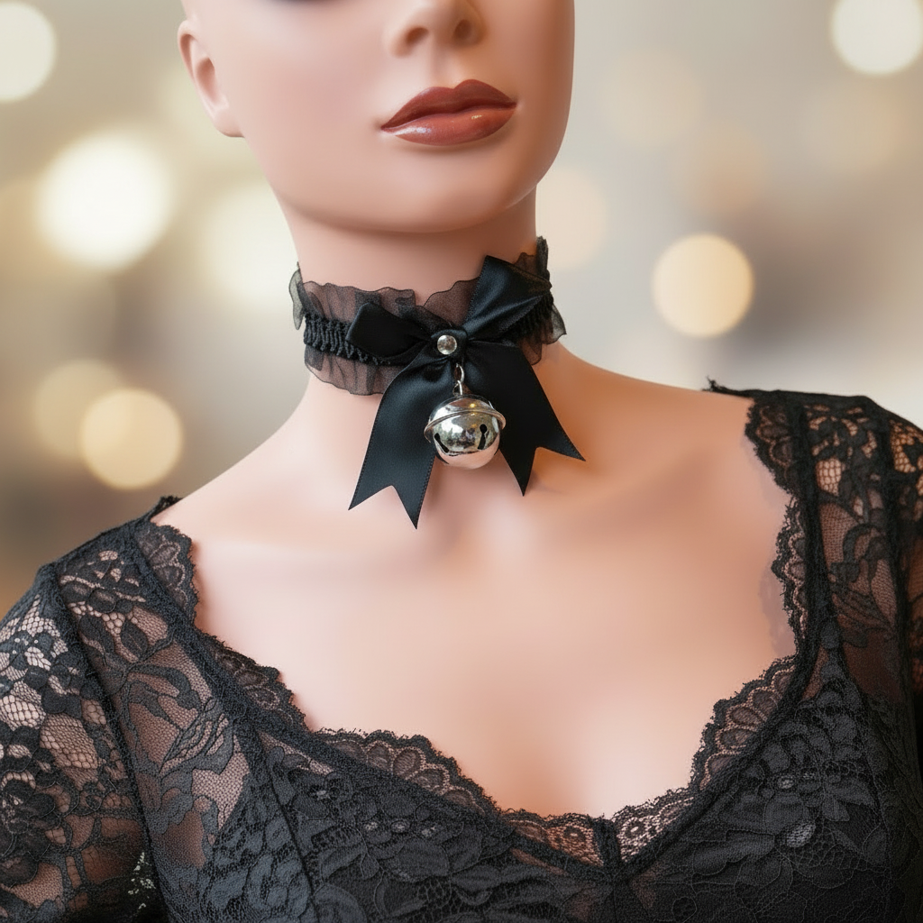 Zwarte kanten choker met belletje - van neus tot borst