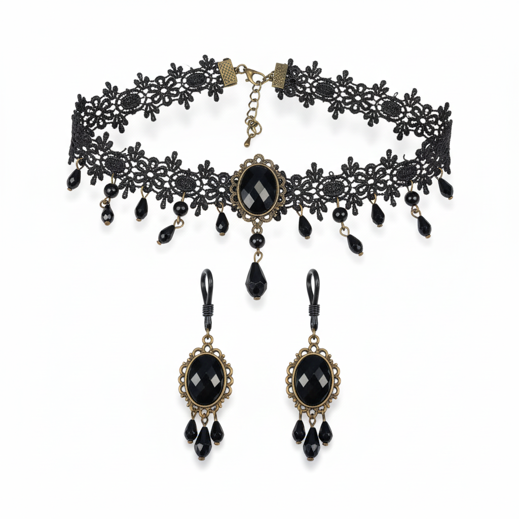 Victorian Black Choker set met tepelhangers - zwarte kant met kristallen - josujo body jewelry
