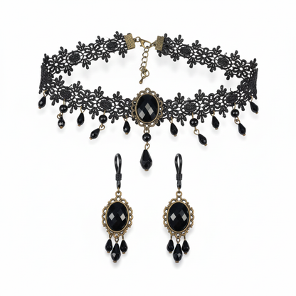 Victorian Black Choker set met tepelhangers - zwarte kant met kristallen - josujo body jewelry