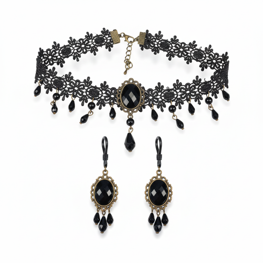 Victorian Black Choker set met tepelhangers - zwarte kant met kristallen - josujo body jewelry