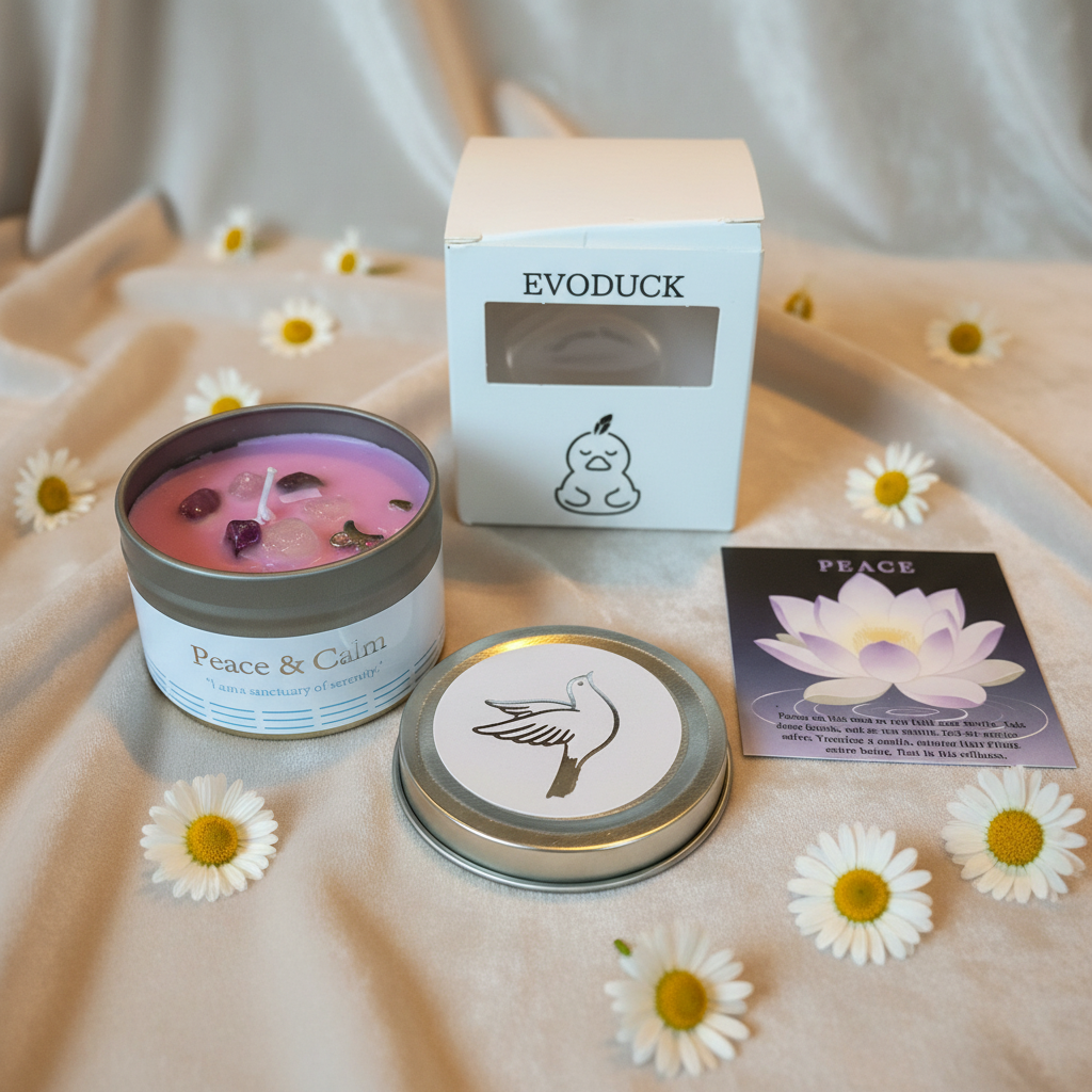 EVODUCK Peace & Calm kaars geopend met paarse kristallen