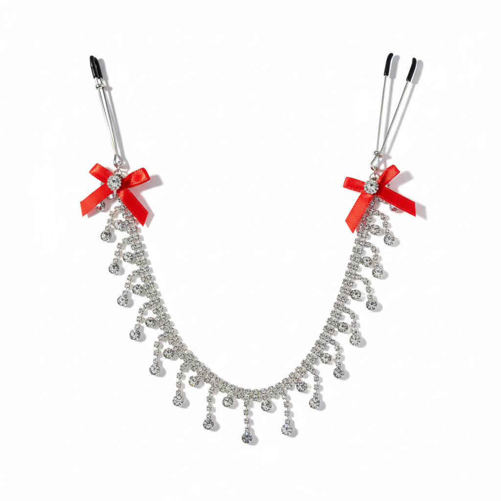 Kristallen ketting tepelklemmen met rode satijnen strikjes - overzicht