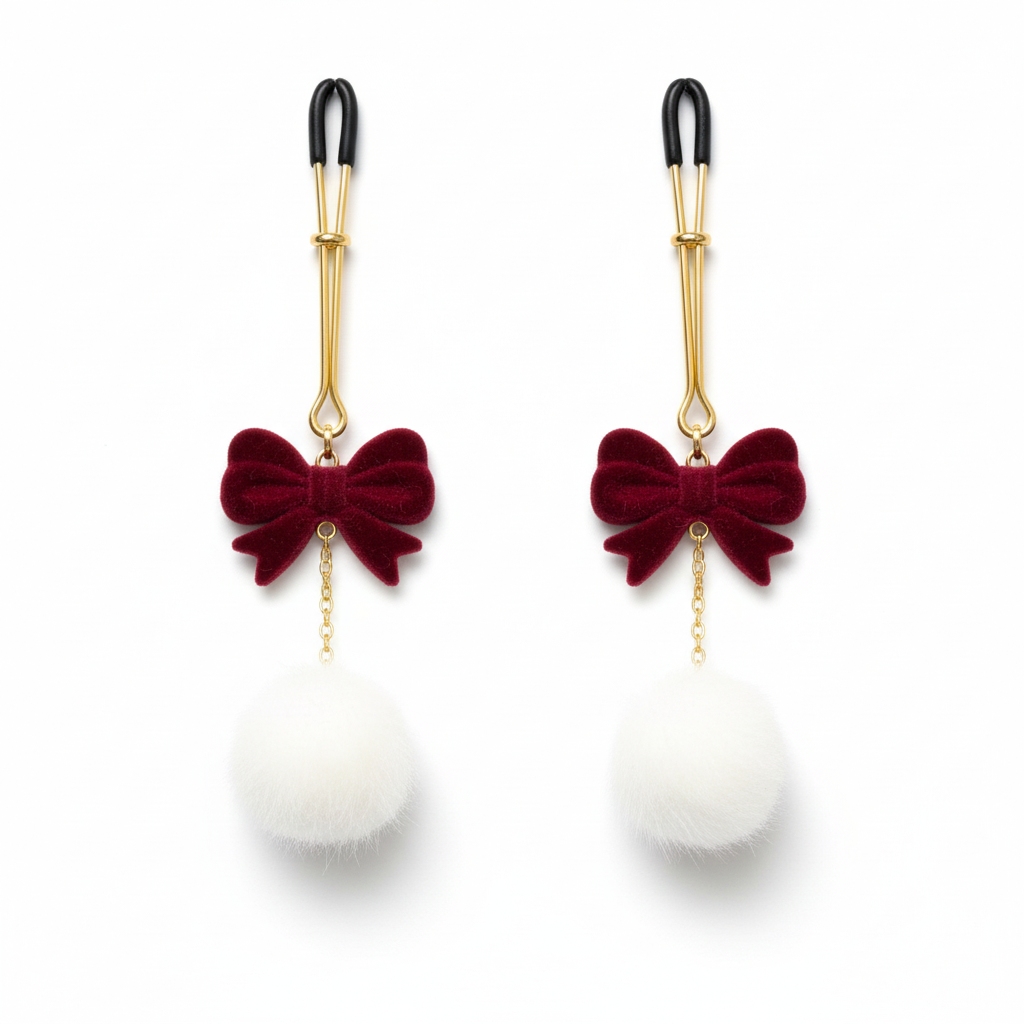 Bordeauxrode strik tepelklem close-up - detail van fluwelen strik en pompon