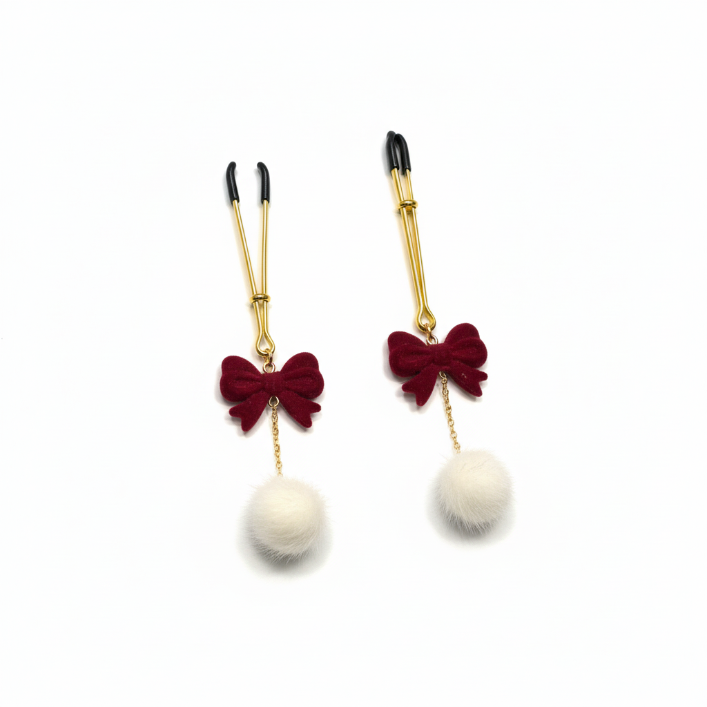 Bordeauxrode strik tepelklemmen met witte pompons - elegant design