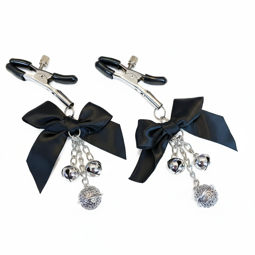 Elegante tepelklemmen met zwarte strik, belletjes en hartje