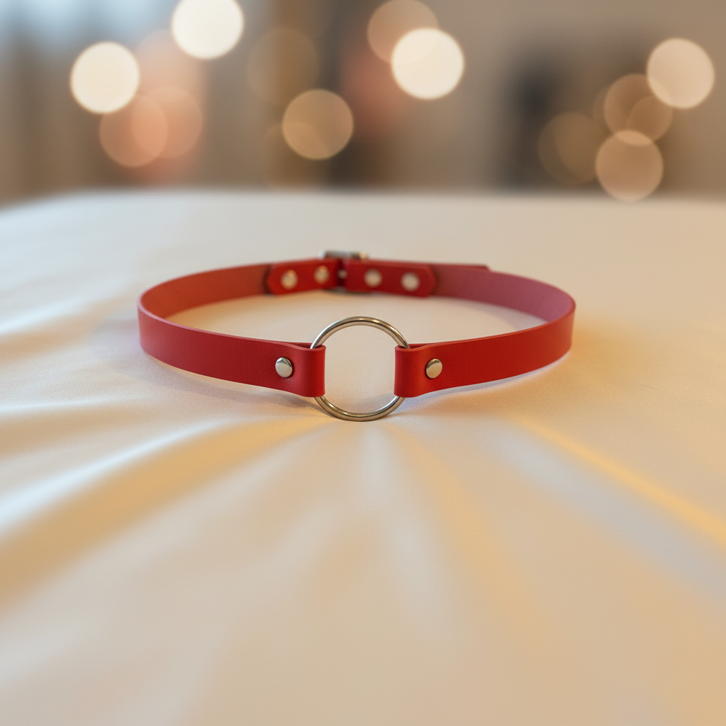 Rode leren choker met O-ring - plat gelegd