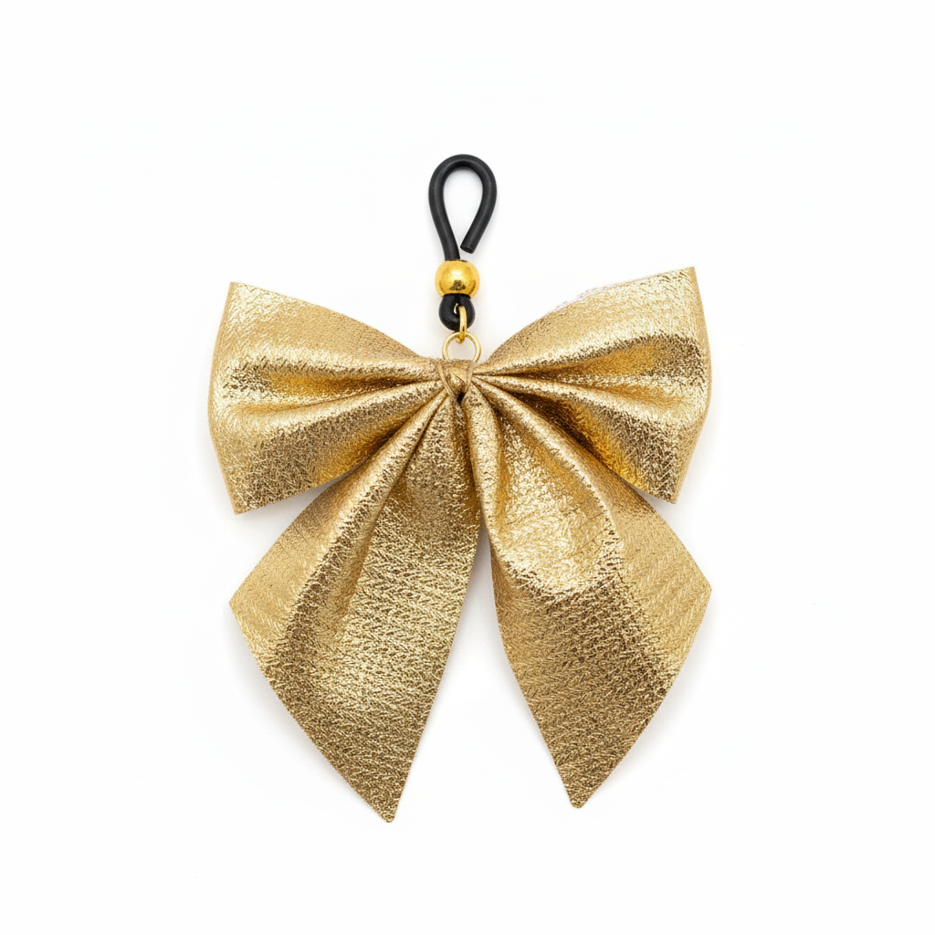 Gouden strik tepelhanger close-up - detail van metallic stof en zwarte clip