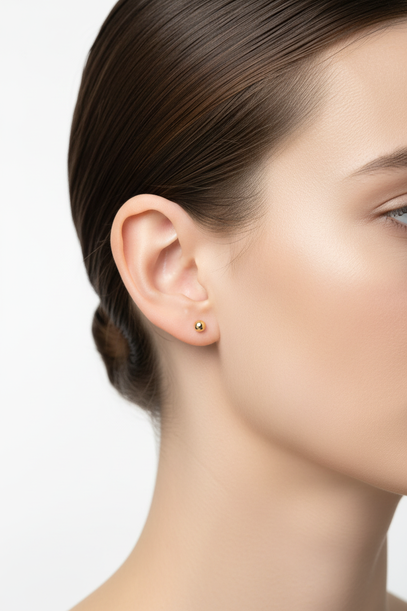 Kleine ronde goudkleurige balletjes oorbel op model