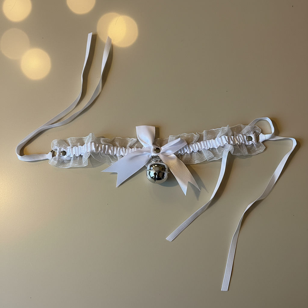 Witte kanten choker met belletje - plat gelegd