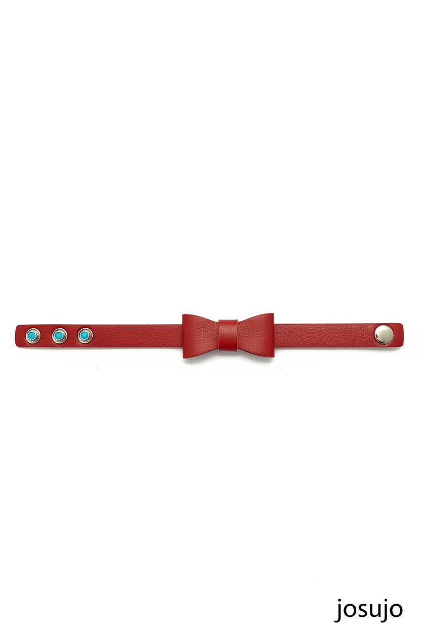 Rode PU leren armband met decoratieve strik en turquoise studs