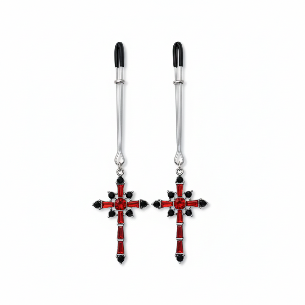 Kristallen kruis tepelklemmen met rode en zwarte kristallen