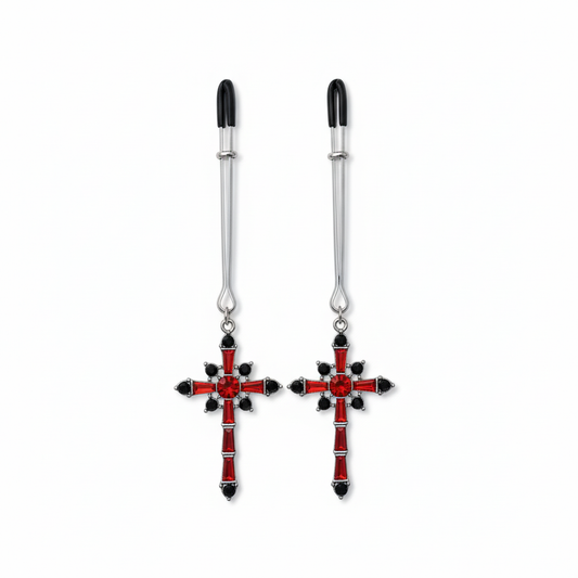 Kristallen kruis tepelklemmen met rode en zwarte kristallen