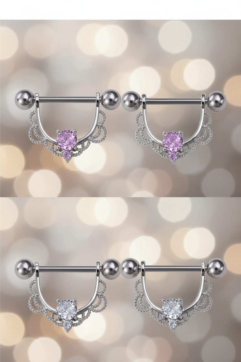 Tepel piercings met zirkonia - roze en transparant