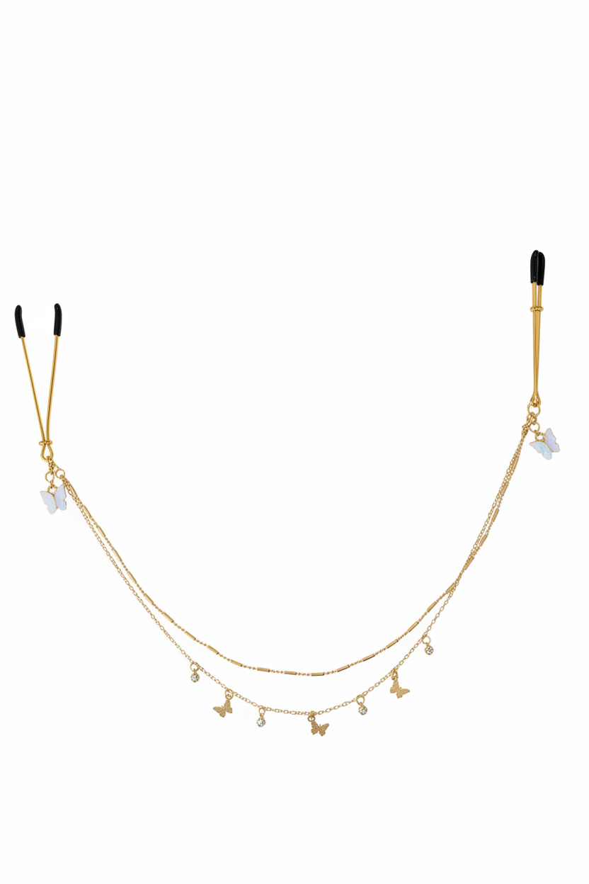 Goudkleurige tepelklemmen met zirkonia vlindertjes